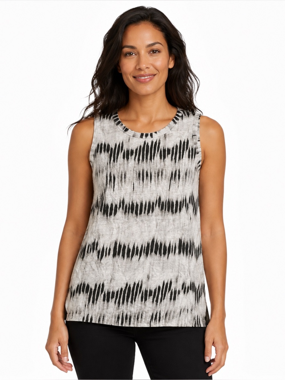 ACROBAT Abstract Ikat Sleeveless Tank Top Ivory Black Small
